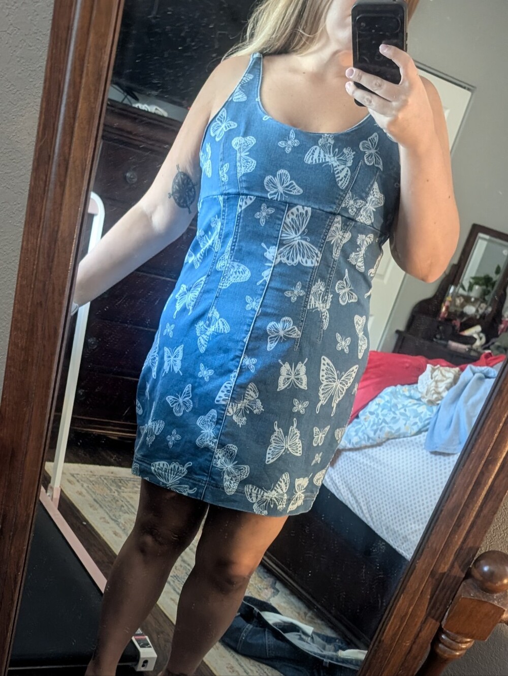 No Boundaries Blue Denim Butterfly Print Mini Dress